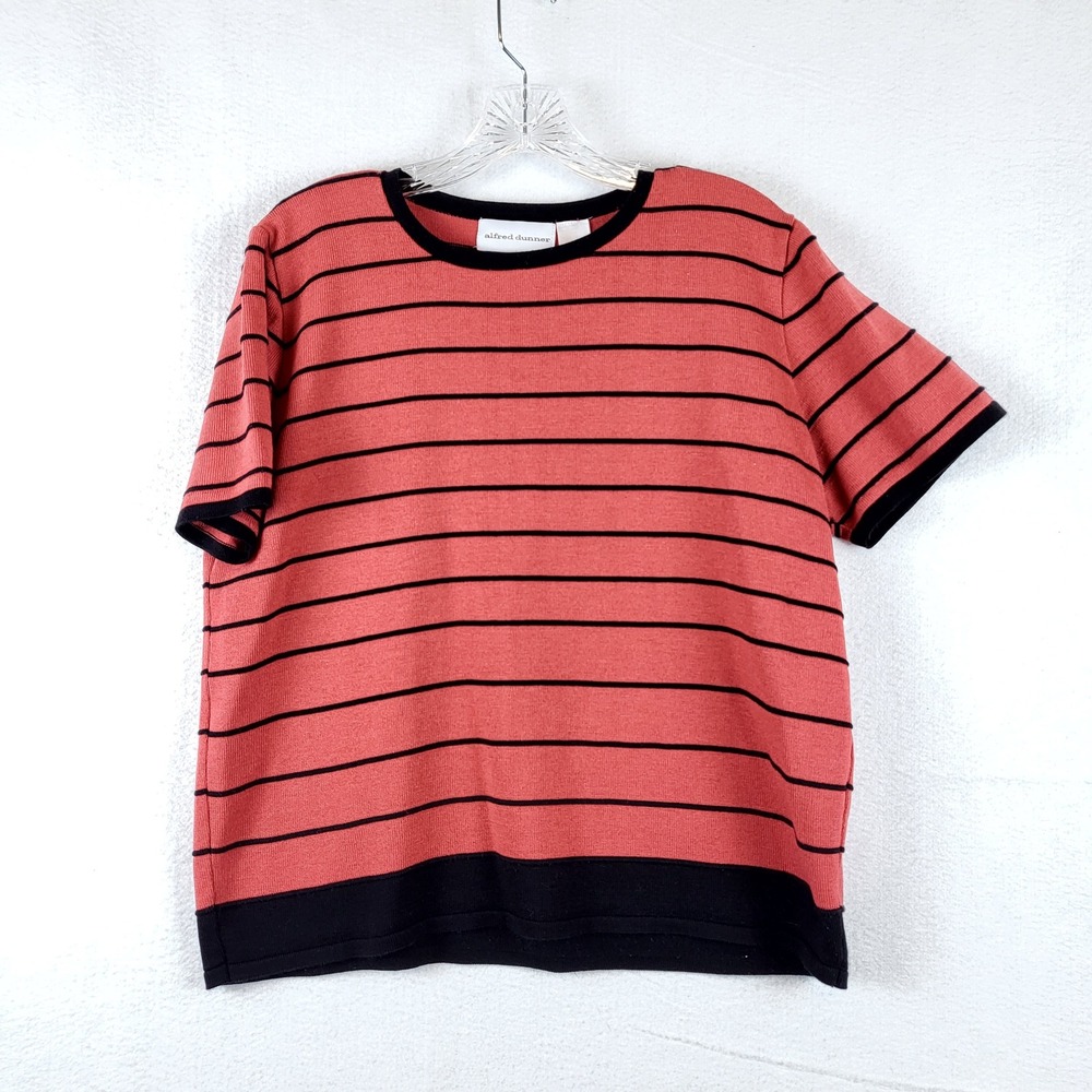 Alfred Dunner Womens Short Sleeve Striped Knit Sweater Top Red Black Size M
